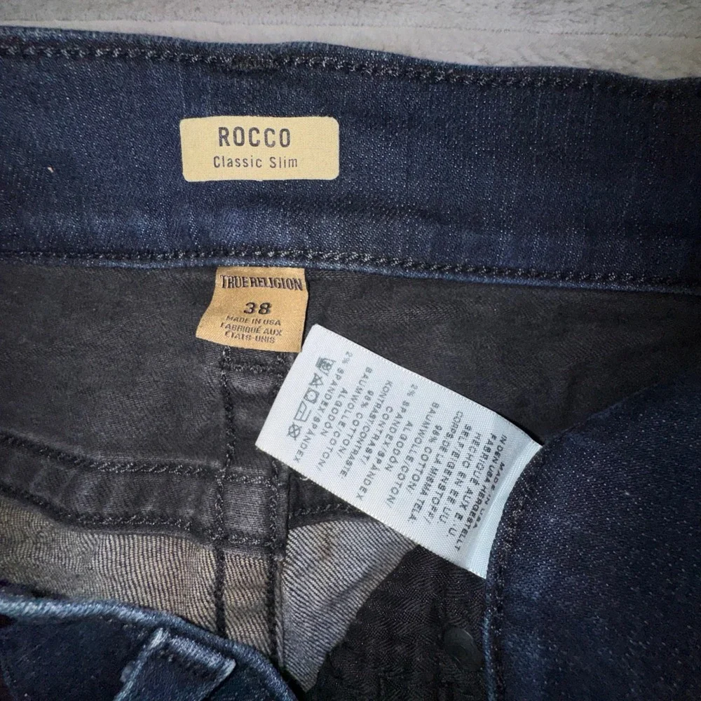 True Religion Mens 38 Rocco Classic Slim Moto Jeans Blue Black Ribbed‎ 36x33